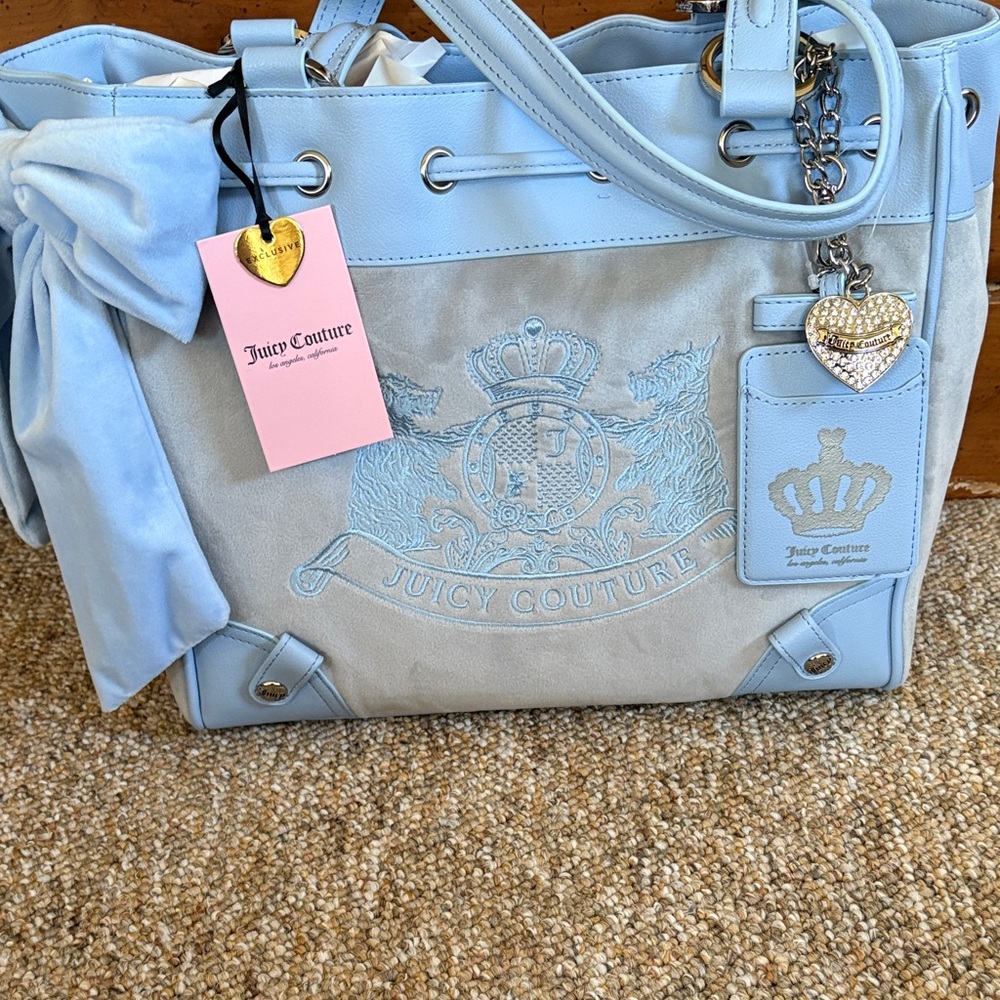 Juicy Couture Daydreamer Scotty Dogs Blue Suede Tote with Crest and Charm